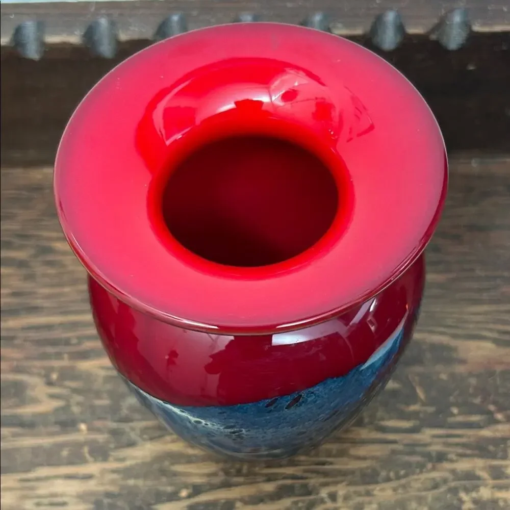 Michael Nourot Vintage Red Art Glass Vase with Colored Swirl, Signed by Artist